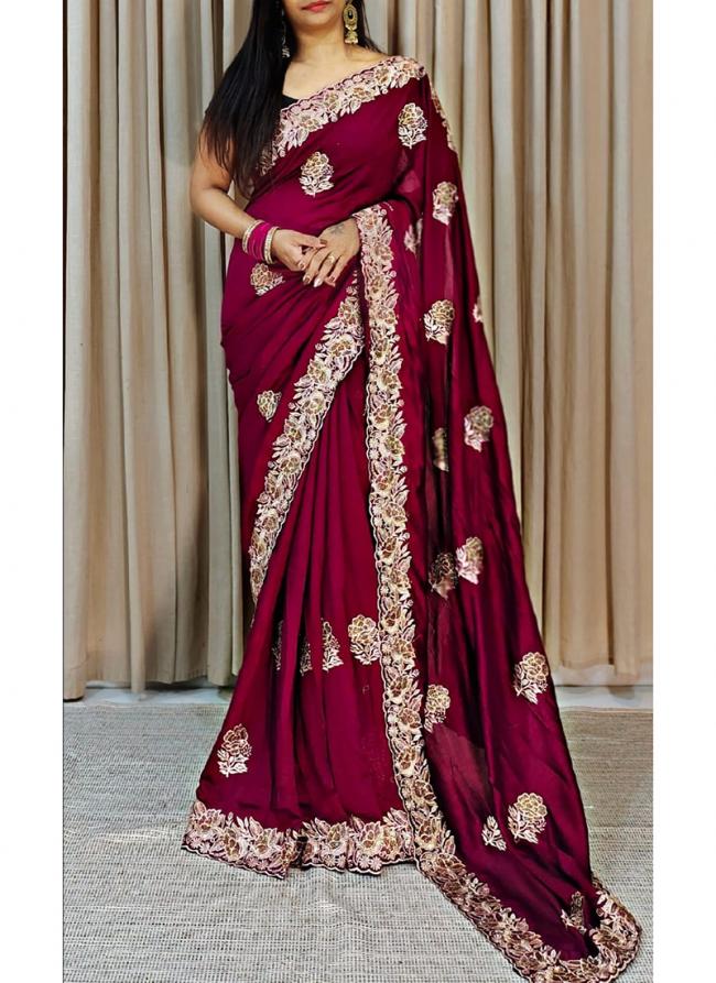 Vichitra Wine Traditional Wear Embroidery Work Saree